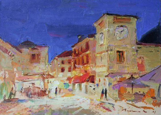 Evening city of Kotor . Montenegro . Original plein air oil painting . (2021)