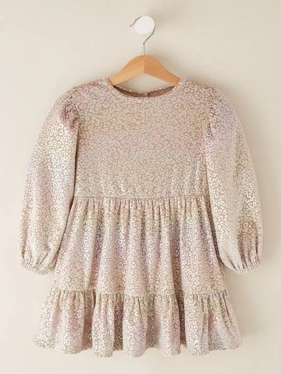 Children's Long sleeved Leopard Foil Velvet Dress - Gold