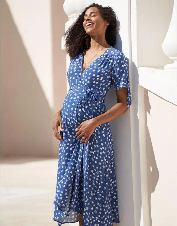 Blue Midi Wrap Maternity Dress