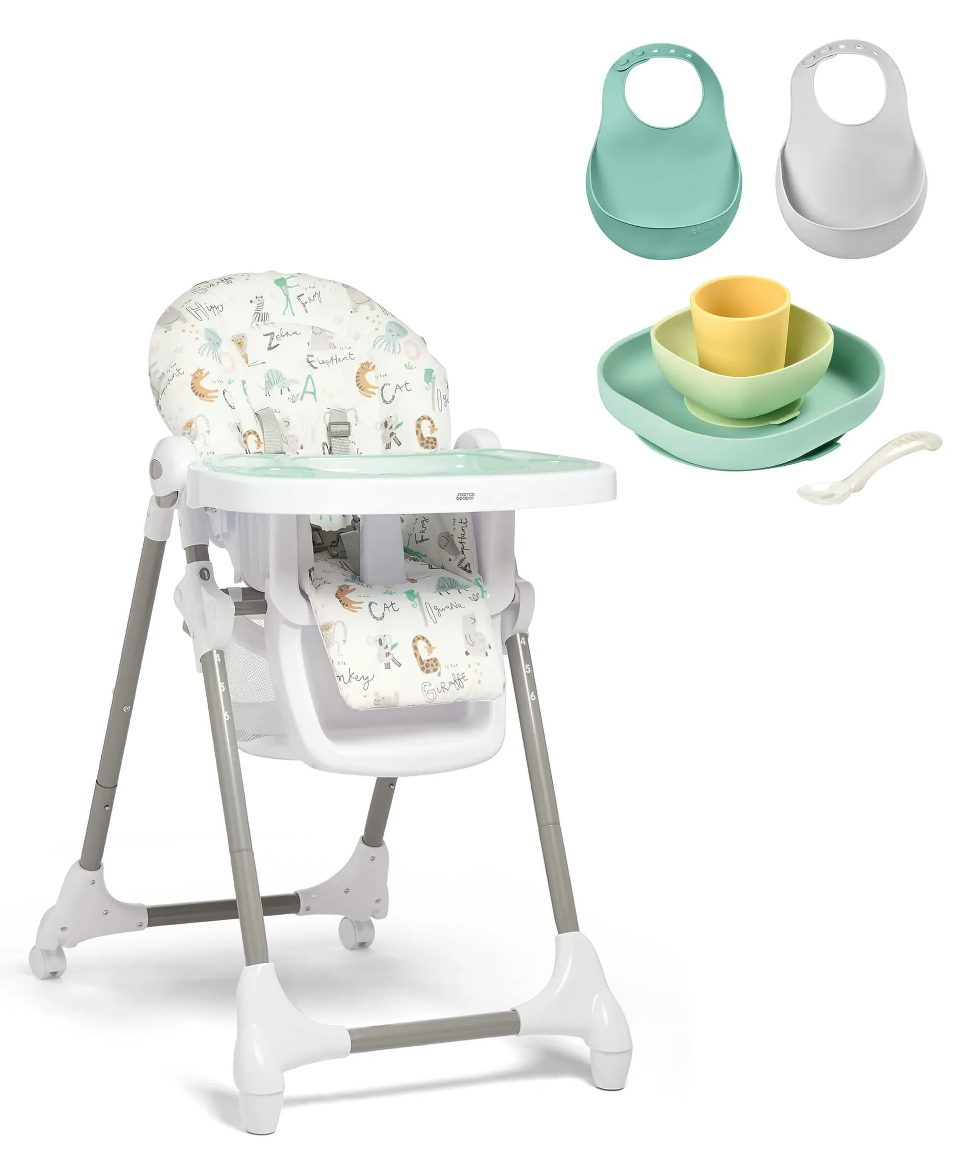 Snax Animal Alphabet Highchair & Beaba Meal Set with Silicone Bibs - Sage Green/Blue