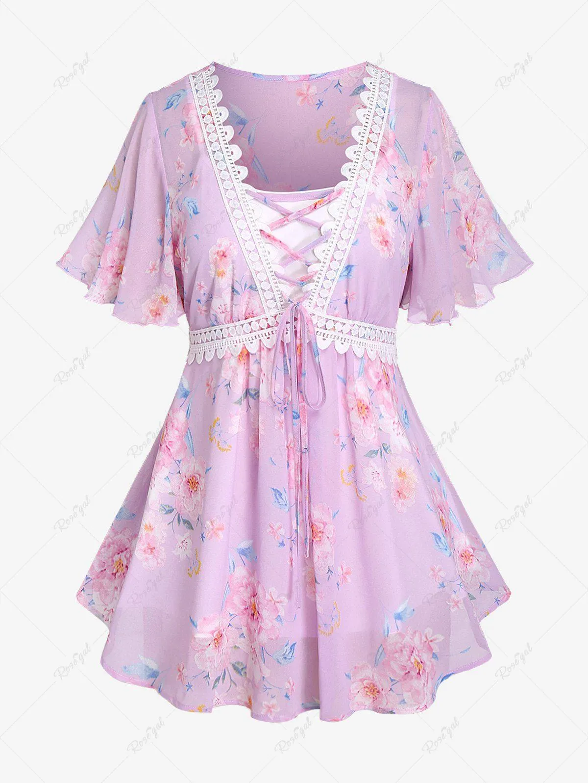 Plus Size Camisole and Guipure Lace Panel Lace-up Chiffon Blouse Set - M | Us 10