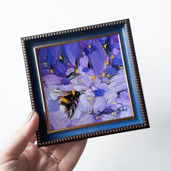 Bumblebee oil painting original small framed, Bee art small painting framed picture (2023)