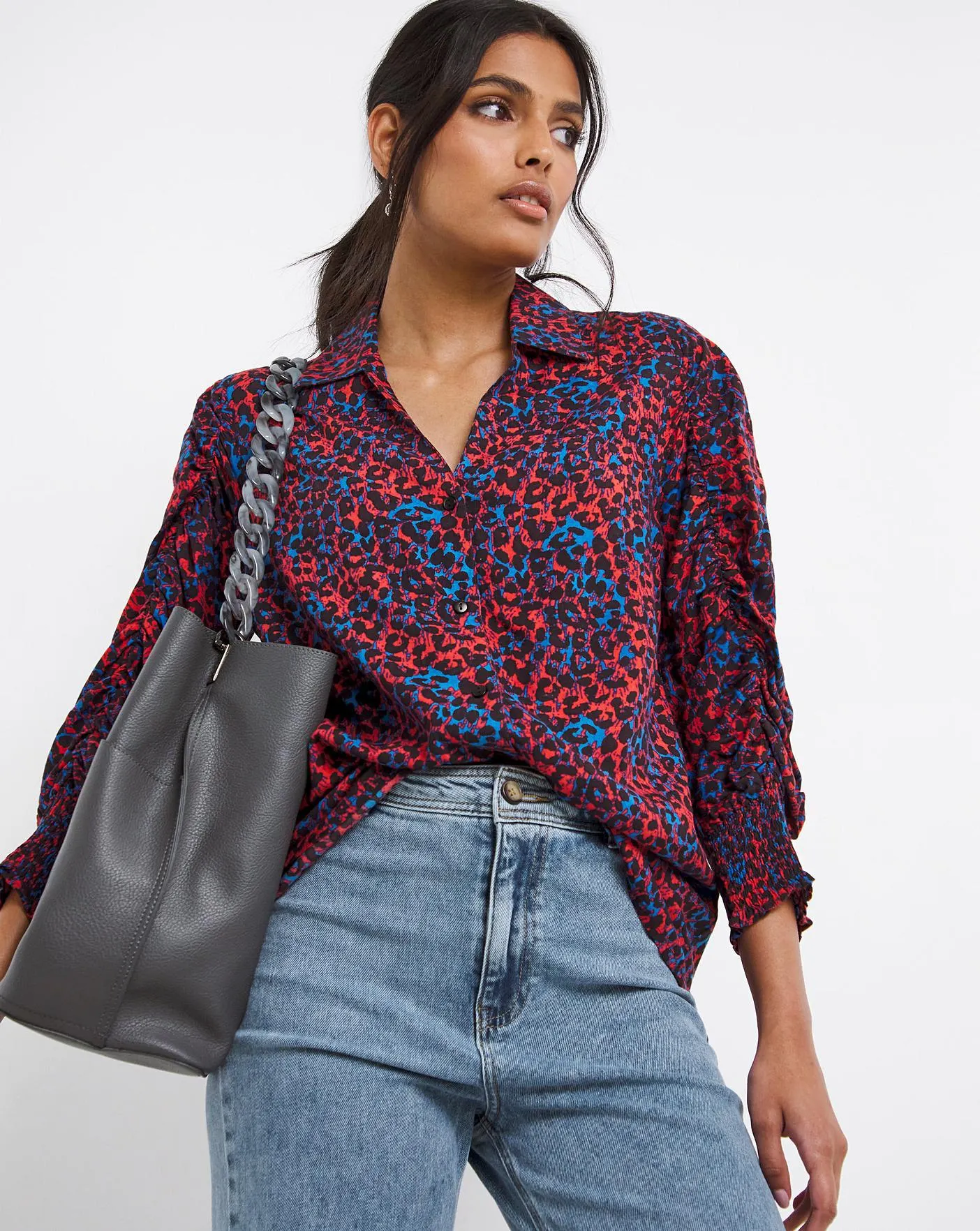 Animal Print Gathered Long Sleeve Shirt