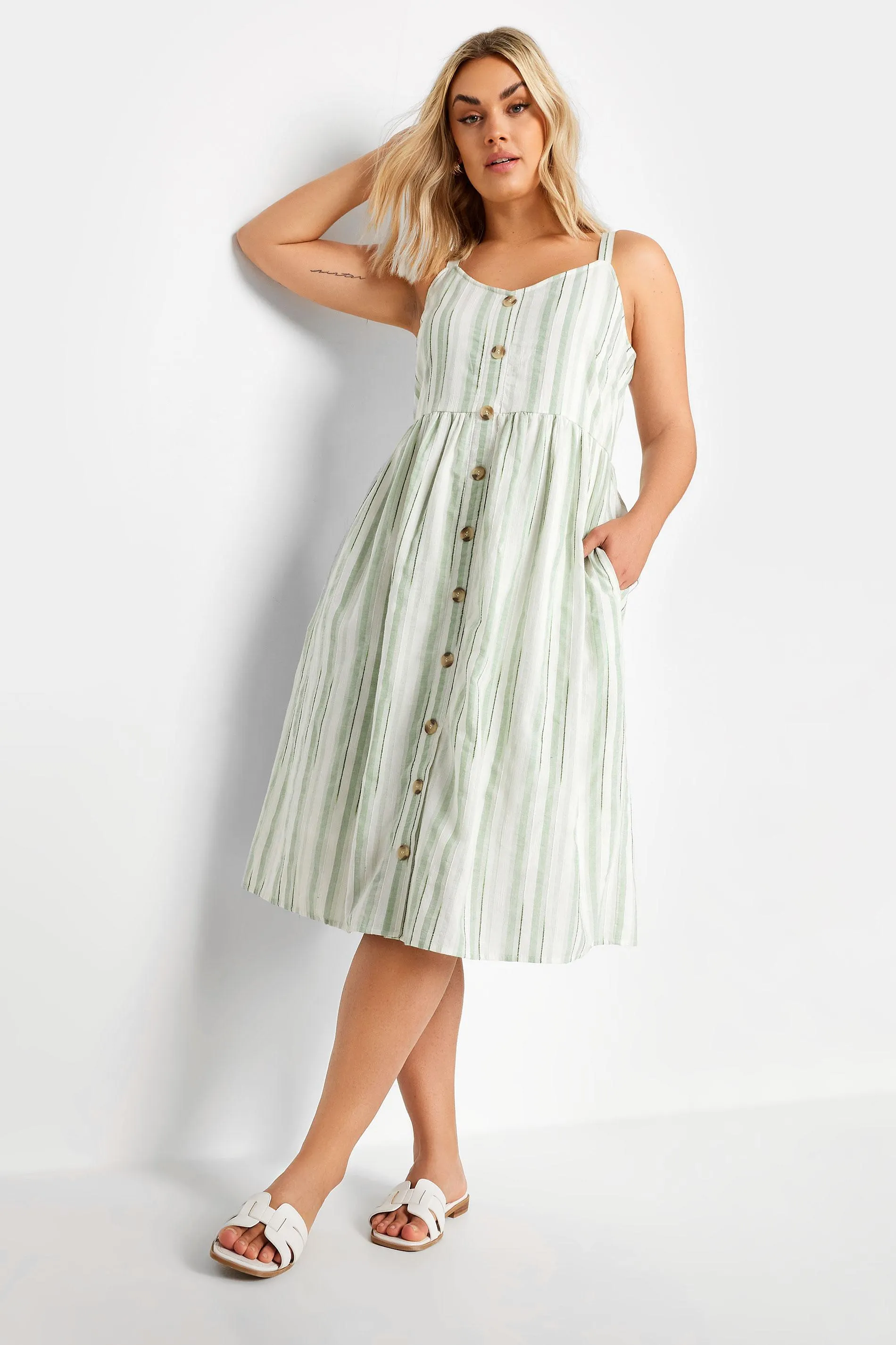 YOURS Curve White & Sage Green Stripe Sundress