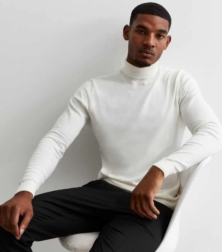 Off White Fine Knit Roll Neck Slim Fit Jumper