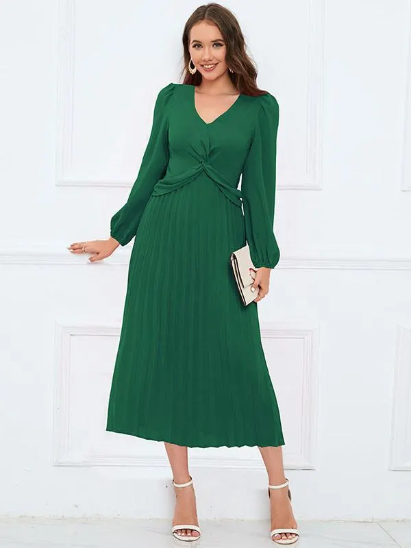 Midi Dress Pleated V-Neck Long Sleeves Casual Fall Dresses