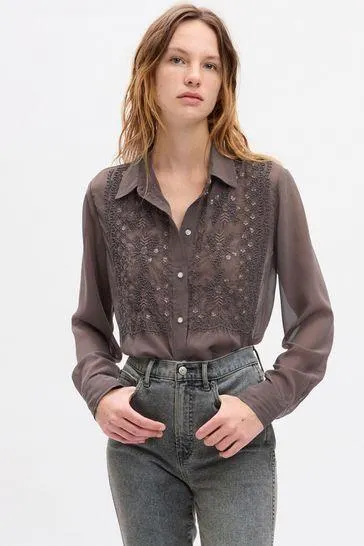 Beaded Long Sleeve Boyfriend Shirt