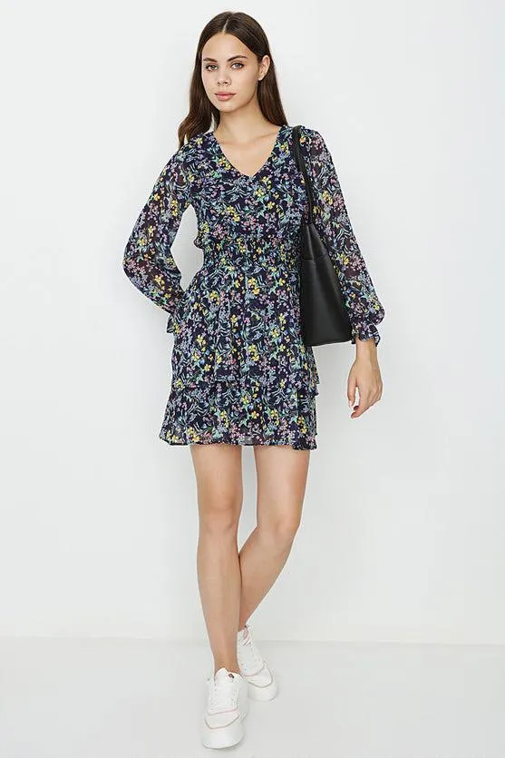 Navy Frill V Neck Rara Dress