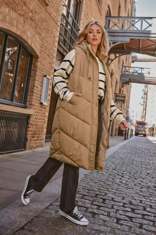 YOURS Curve Brown Quilted Longline Hooded Gilet