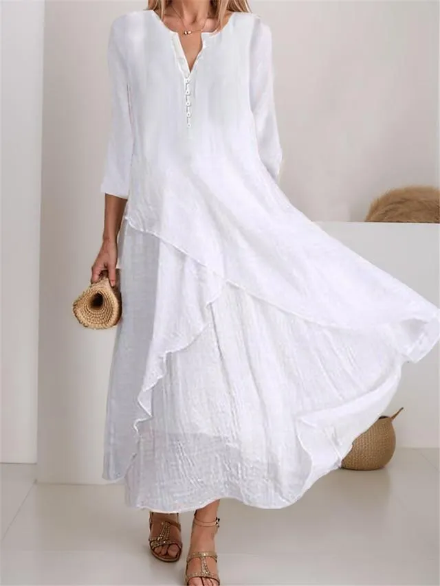 Women's Casual Dress Cotton Linen Dress Swing Dress Maxi long Dress Linen Cotton Blend Basic Casual Daily Date Weekend Crew Neck Button Layered 3/4 Length Sleeve Summer Spring 2023 Loose Fit White