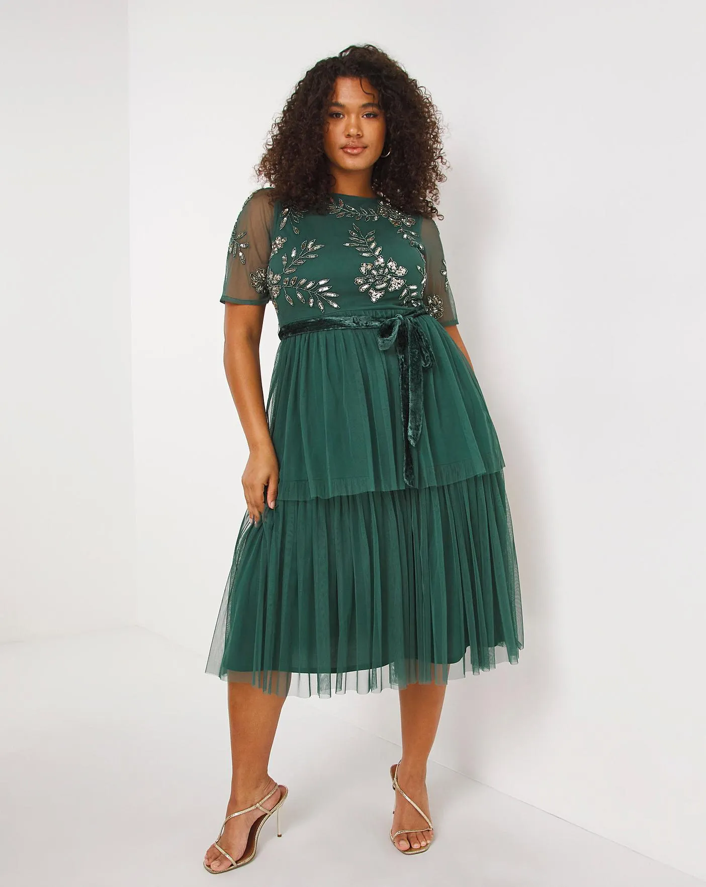 Maya Curve Embellished Tiered Midi Dress
