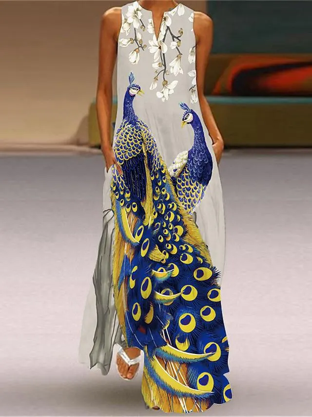 Women's Long Dress Maxi Dress Casual Dress Print Dress Floral Peacock Fish Streetwear Casual Outdoor Vacation Going out Pocket Print Sleeveless V Neck Dress Regular Fit Yellow Royal Blue Blue Summer