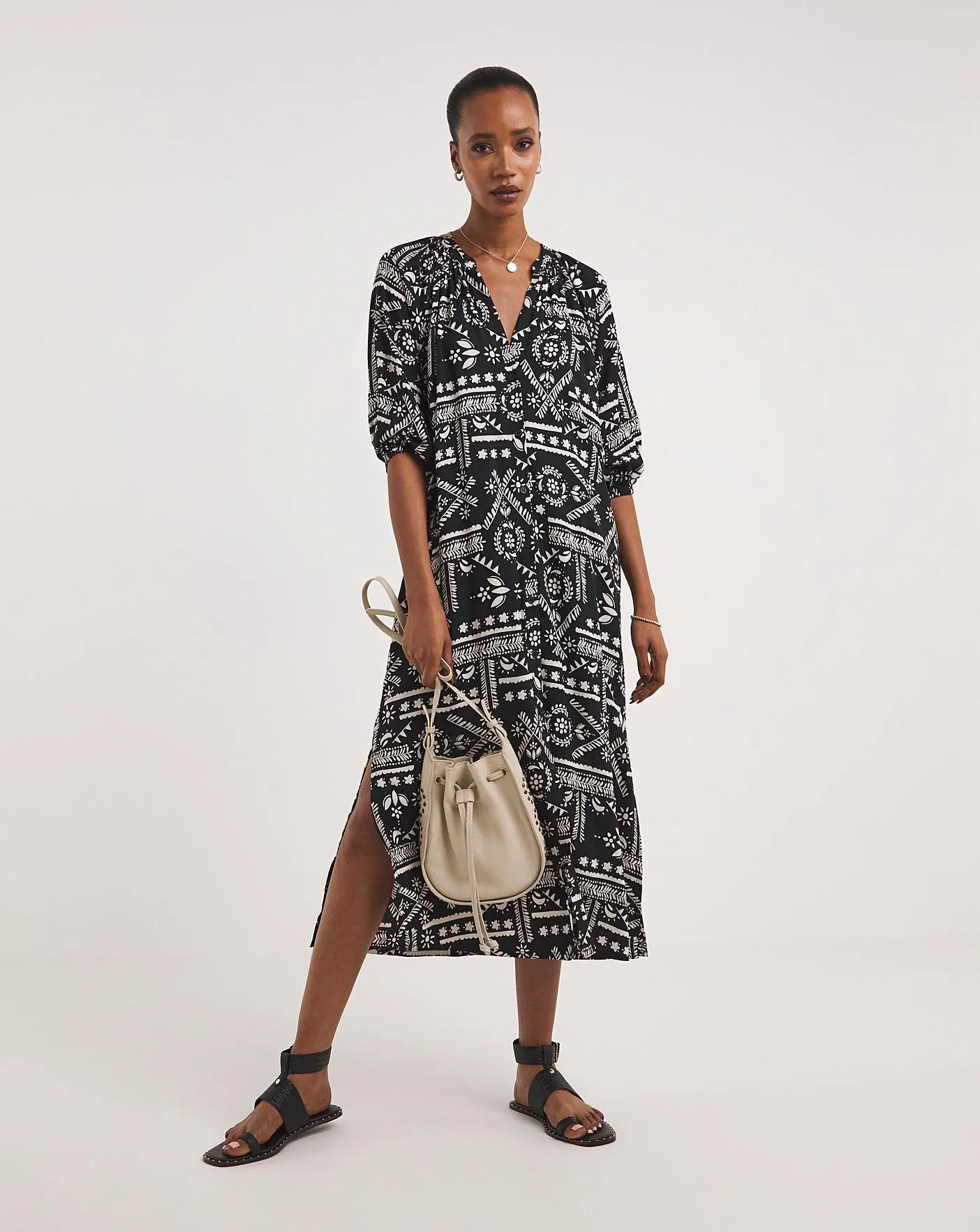 Kaftan Button Through Shirt Dress With Side Slits