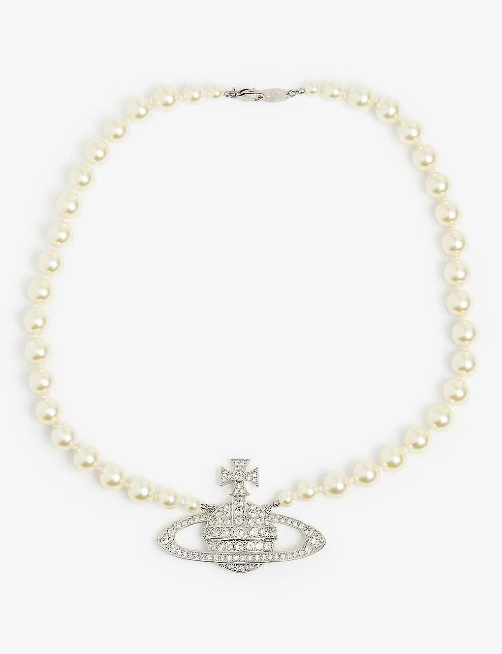 Bas Relief orb-pendant brass, Swarovski crystals and pearl necklace