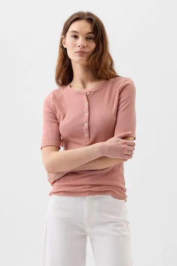 Ribbed Henley Quarter Sleeve Crew Neck T-Shirt