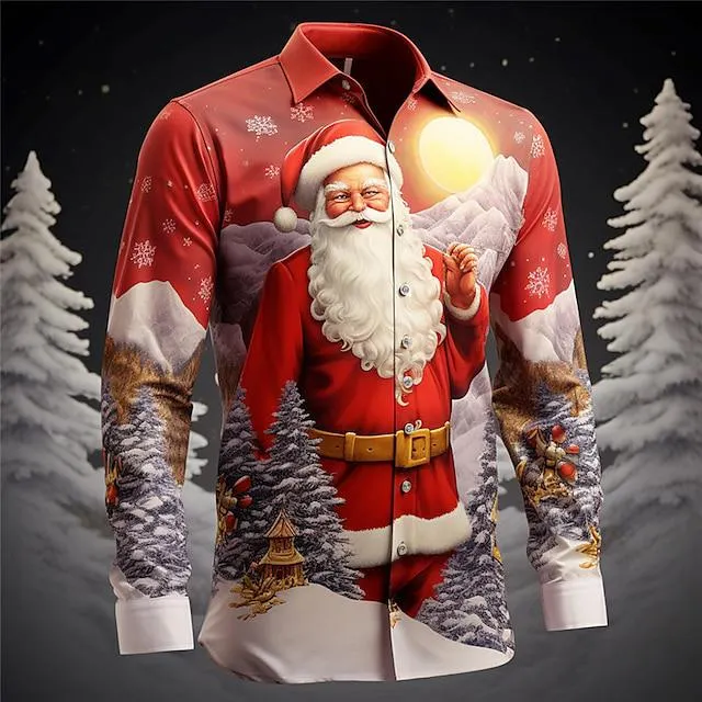 Papá Noel Casual Hombre Camisa Exterior Navidad Calle Otoño invierno Cuello Vuelto Manga Larga Blanco Amarillo Rosa S M L Camisa