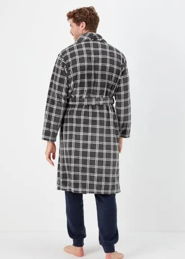 Grey Check Print Coral Fleece Dressing Gown - Small