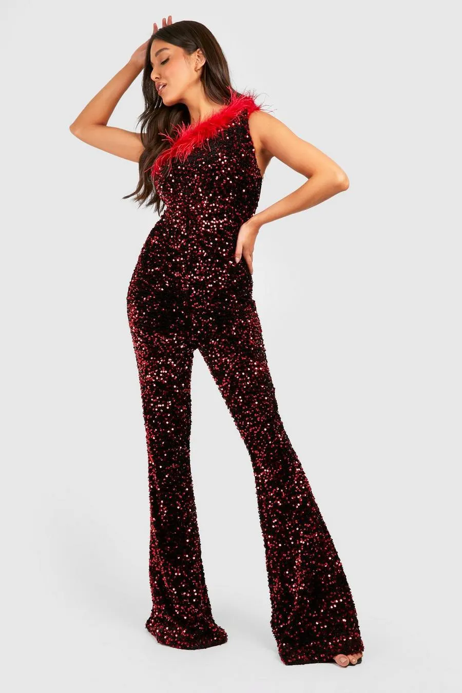 Feather Trim Sequin Flare Jumpsuit