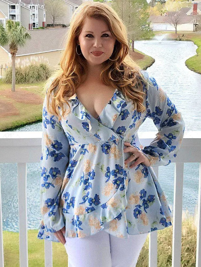 Plus Size Plunge Ruffle Floral Print Blouse - L | Us 12