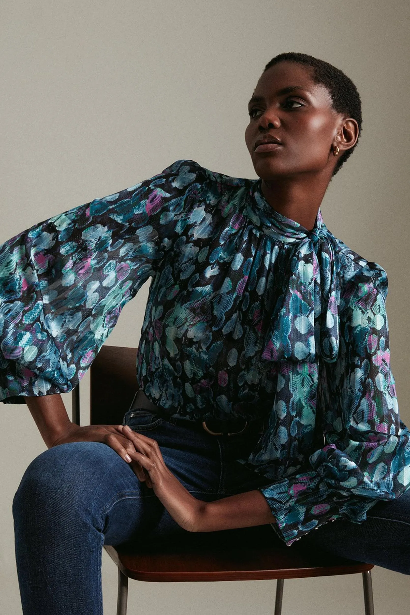 Abstract Print Pussy Bow Woven Blouse