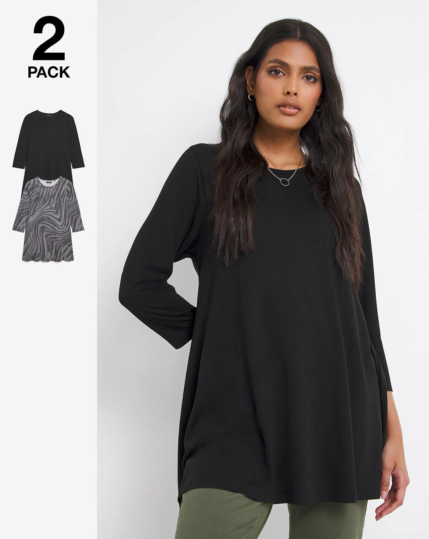 Swirl Print and Black 2 Pack Three Quarter Sleeve Swing Tunics