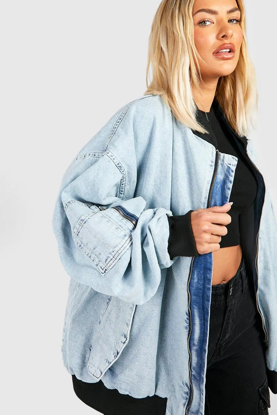 Oversized Ruched Sleeve Ma1 Denim Bomber Jacket