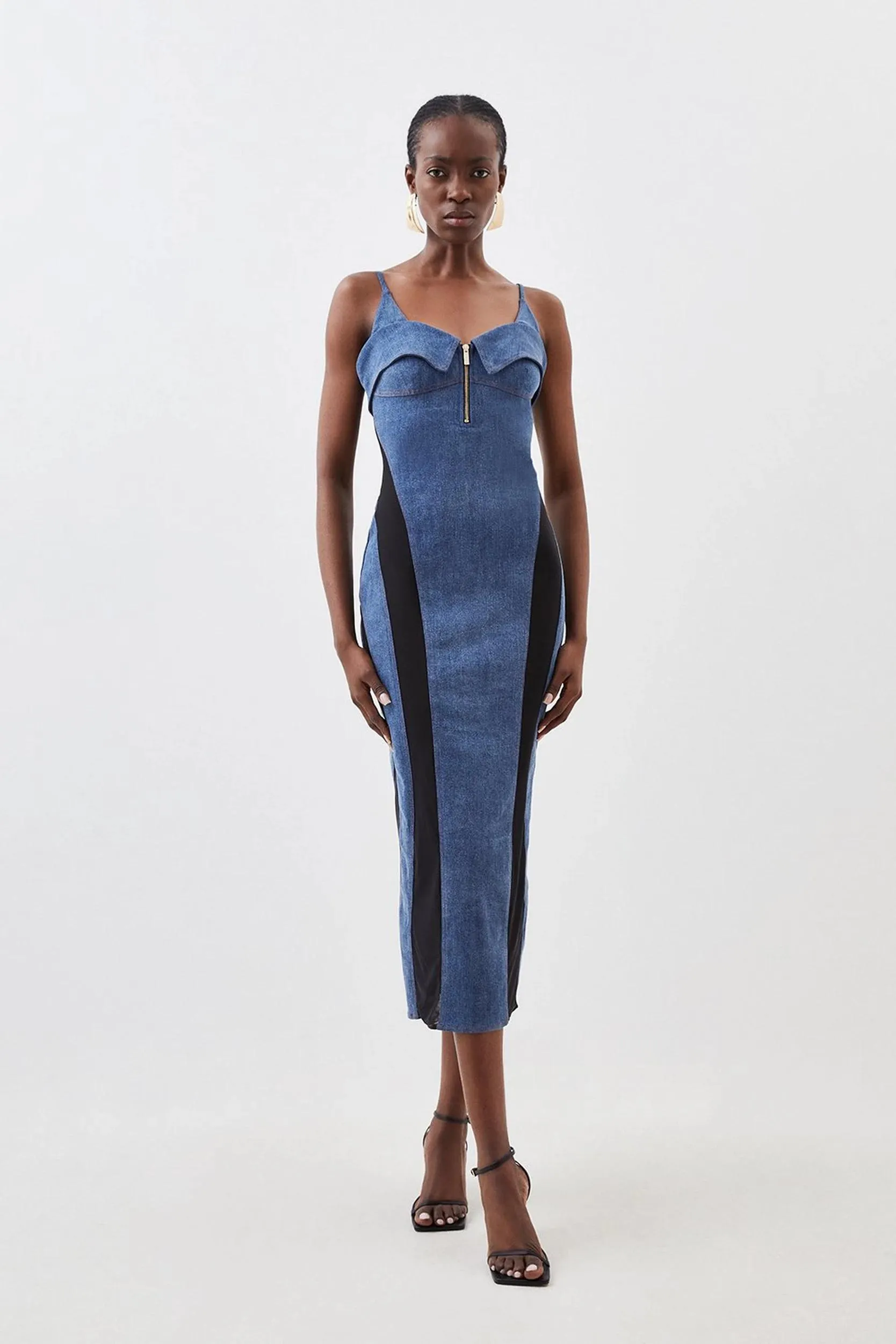 Stretch Denim And Mesh Panelled Midi Dress