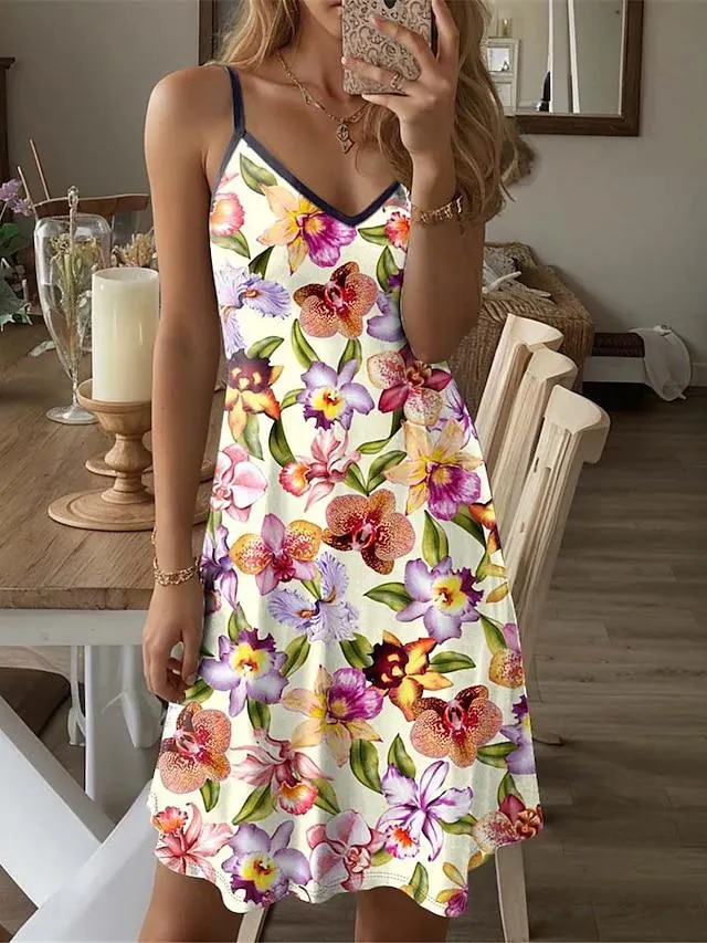 Women's Casual Dress Summer Dress Floral Print Strap Mini Dress Streetwear Street Holiday Sleeveless Regular Fit Black Blue Fuchsia Summer S M L XL XXL