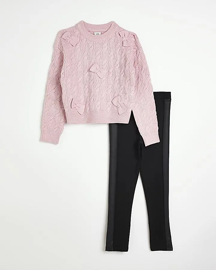Girls Pink Bow Jumper and Leggings Outfit