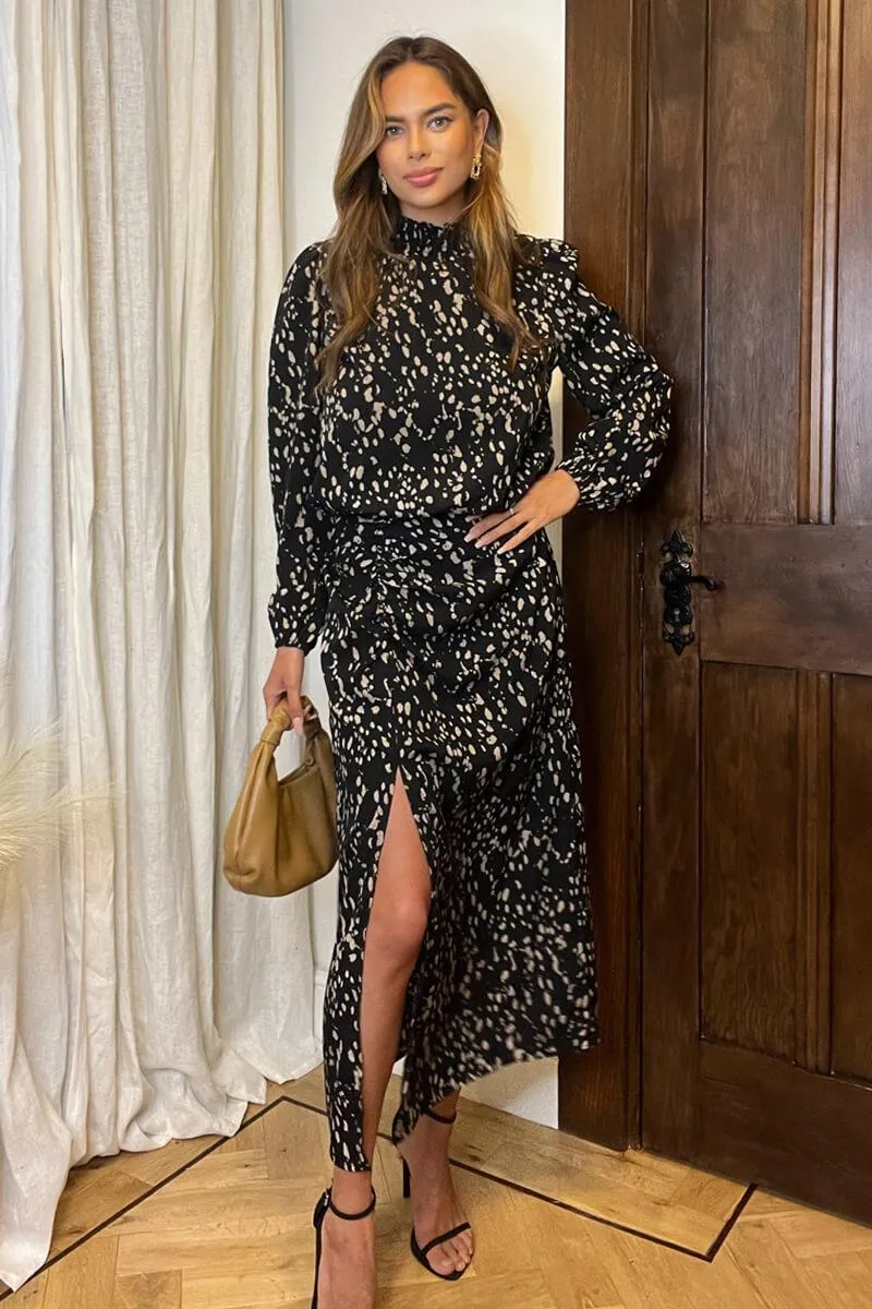 Black And Beige Printed High Neck Split Skirt Midi Dress