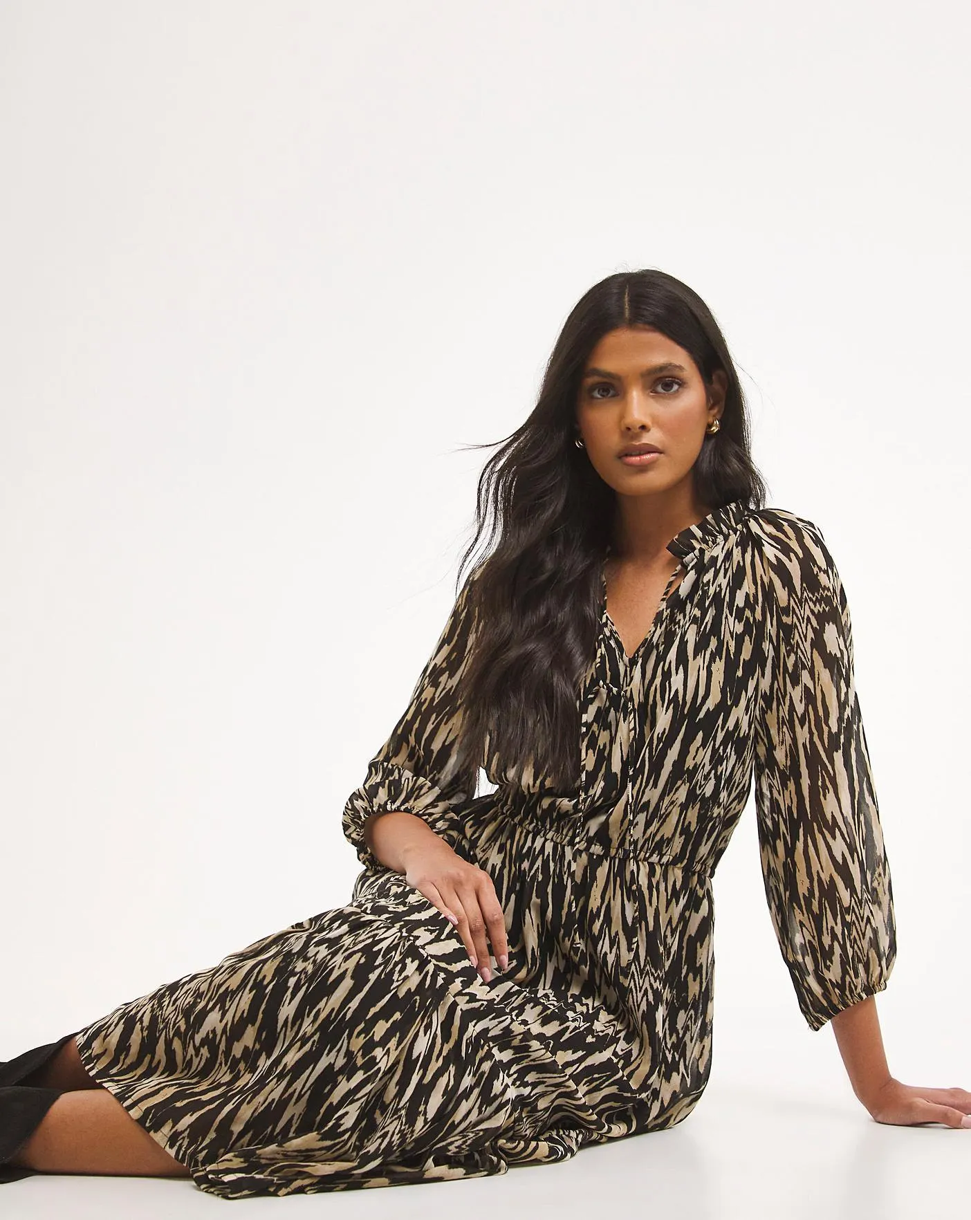 Animal Chiffon Tie Neck Waisted Midi Dress