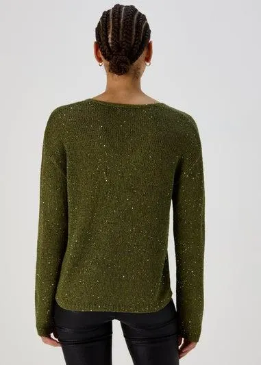 Khaki Sparkle V Neck Jumper - Small