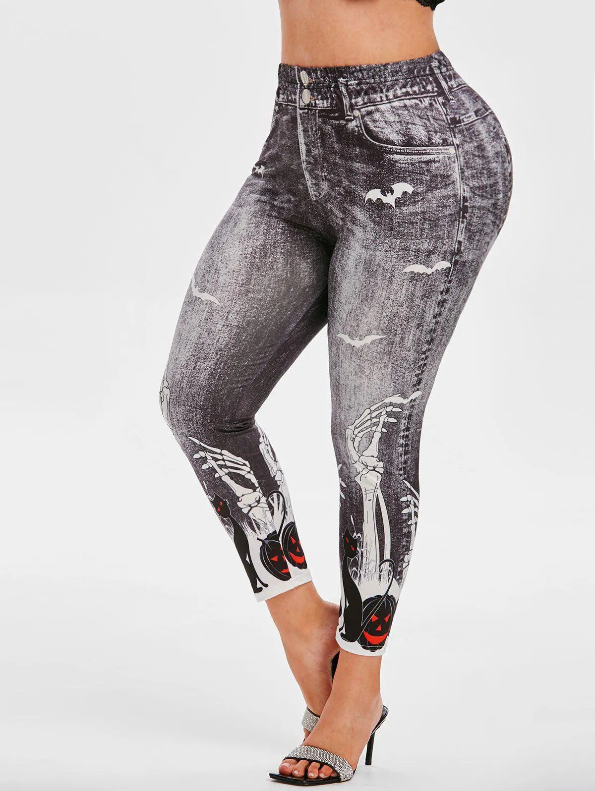 Plus Size Halloween Skeleton Cat 3D Print Skinny Leggings - 1x