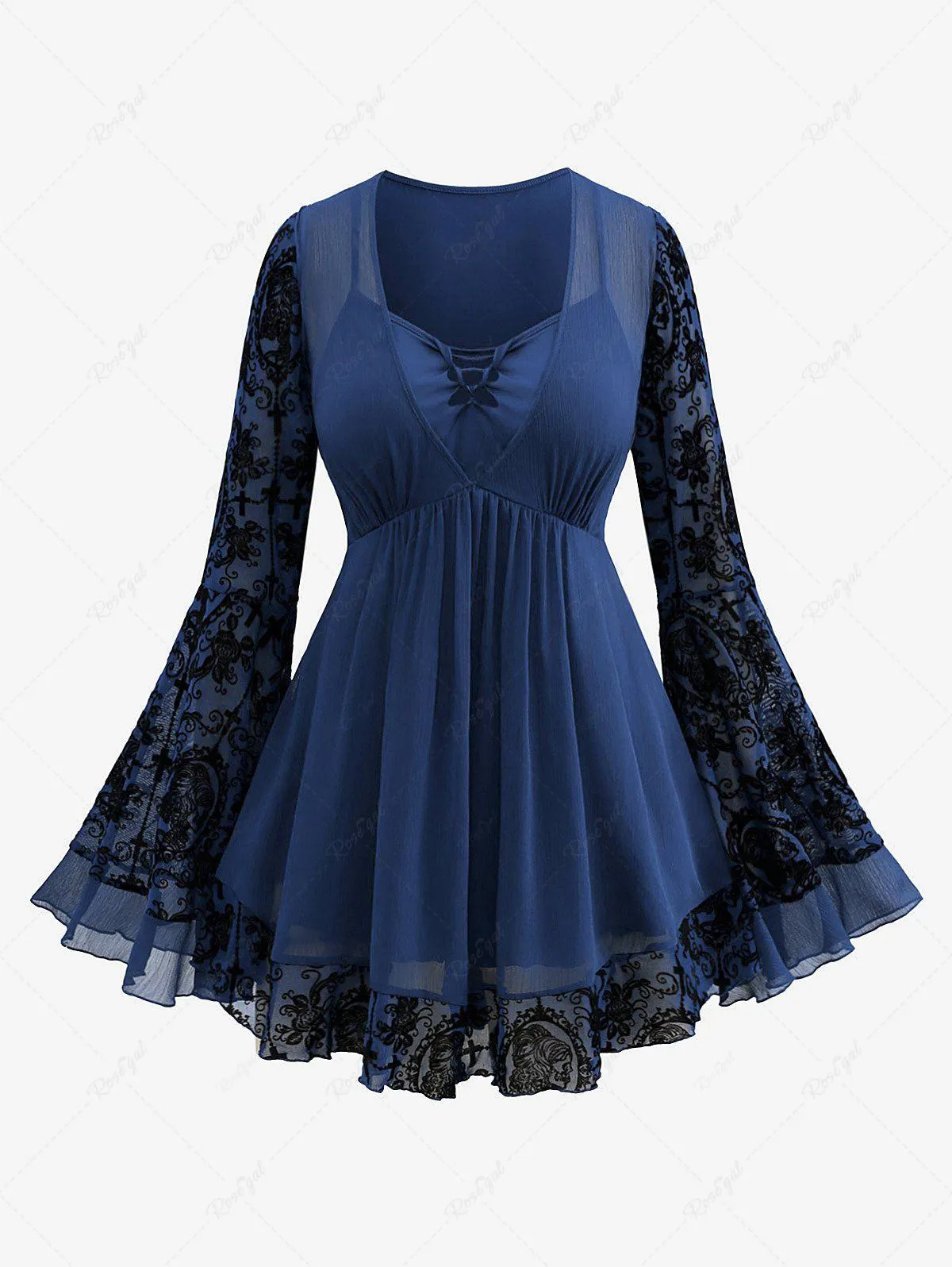 Plus Size Braided Panel Ruched Floral Skull Mesh Flocking Textured Chiffon Flare Sleeves 2 In 1 Blouse - 3x | Us 22-24