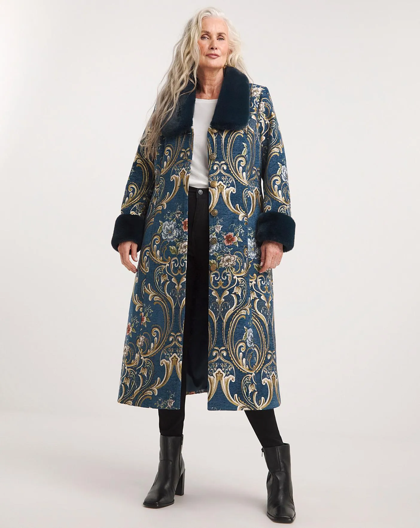 Joe Browns Blue What A Statement Longline Fur Collar Coat