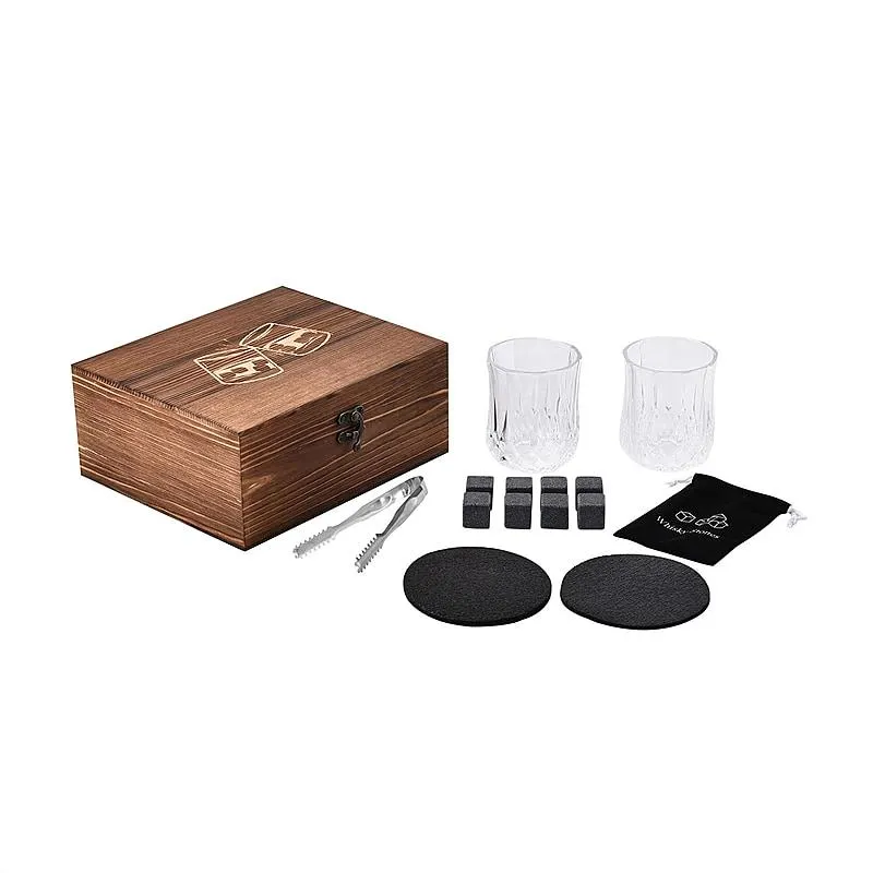 Whiskey Granite Stones and 2 Glasses Gift Set - Brown