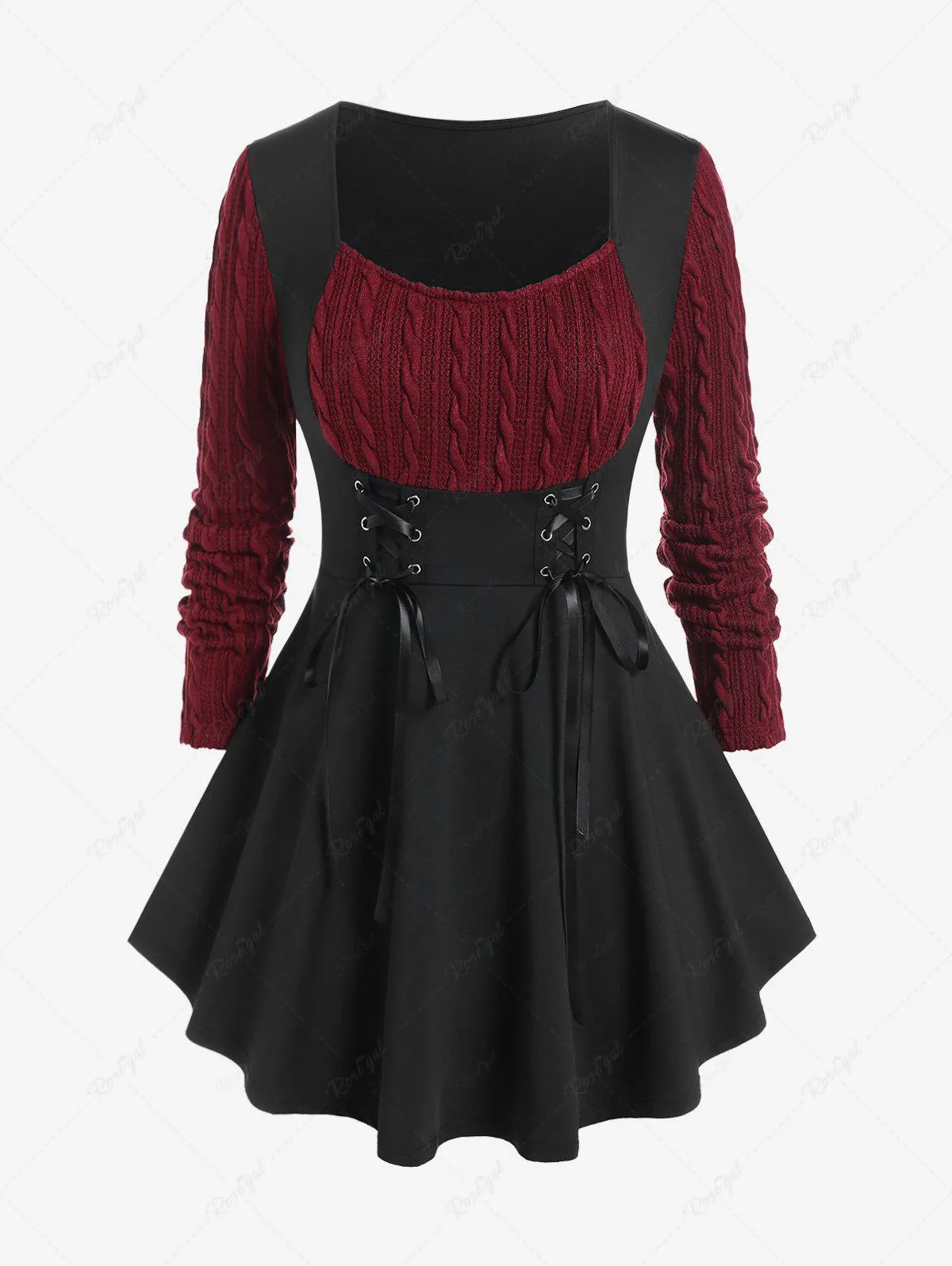 Plus Size Cable Knit Panel Mixed Media Lace Up Tee - L | Us 12