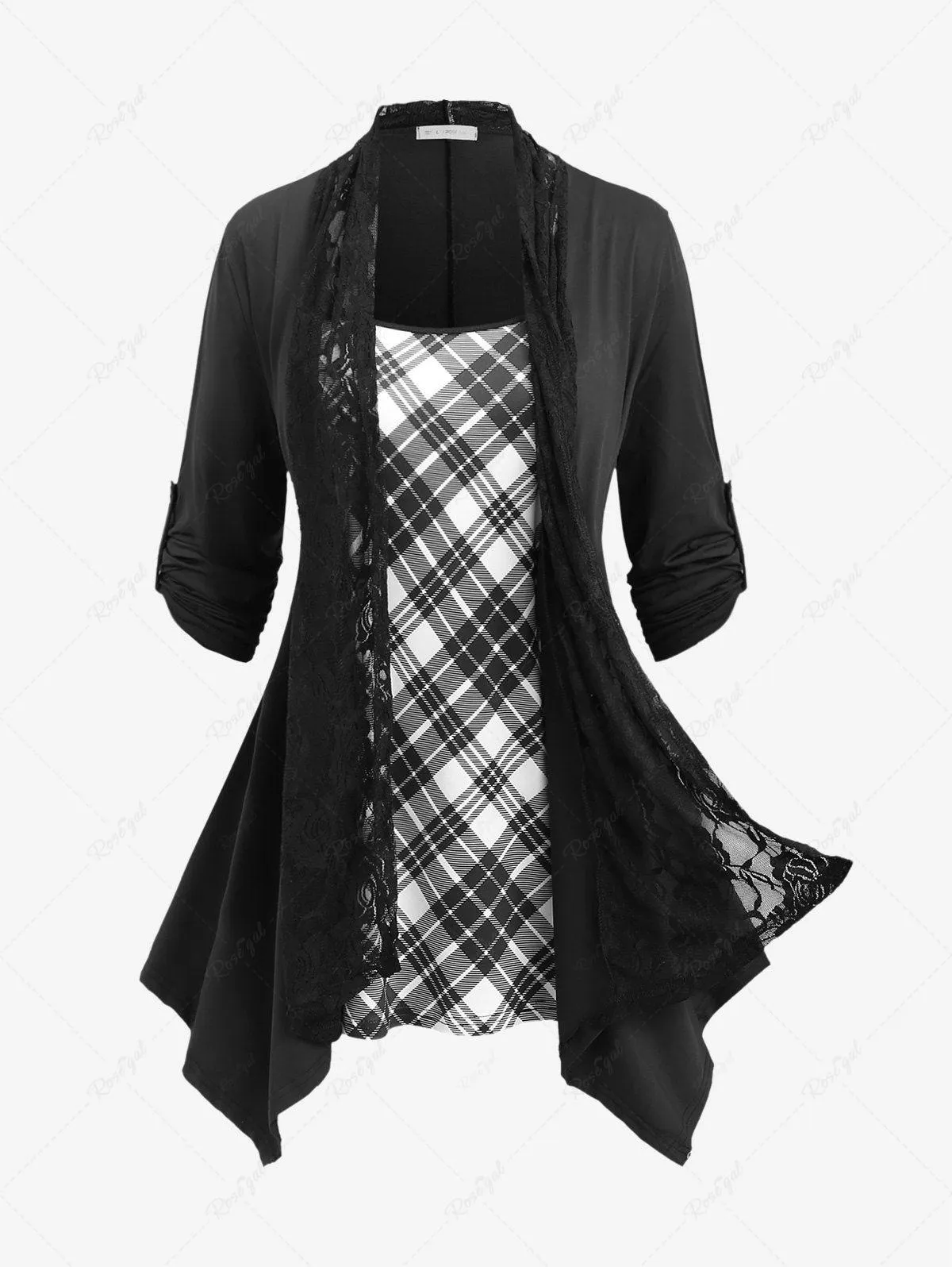 Plus Size Floral Lace Panel Plaid Ruched Asymmetric Roll Up Sleeves T-shirt - 2x | Us 18-20