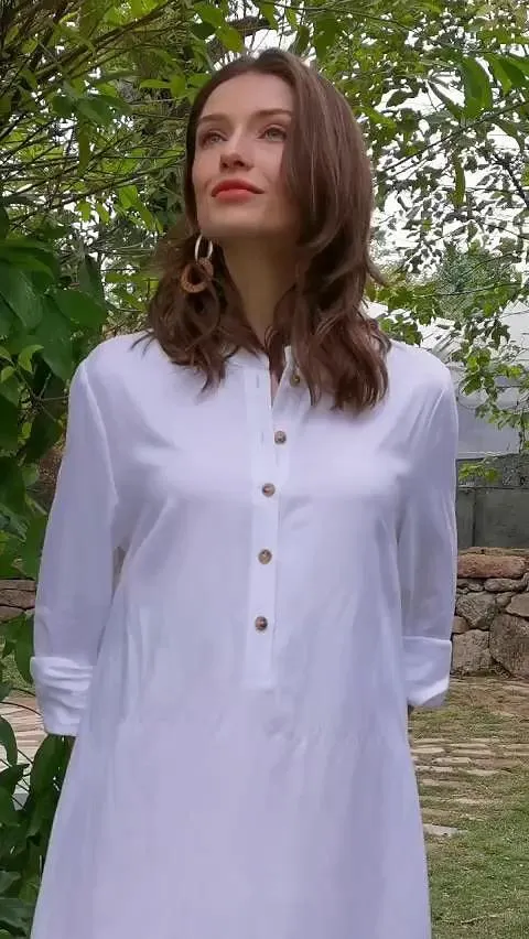 55% Linen Women's White Linen Dress Casual Plain Crew Neck Long Sleeve Maxi Dress Loose Summer Spring