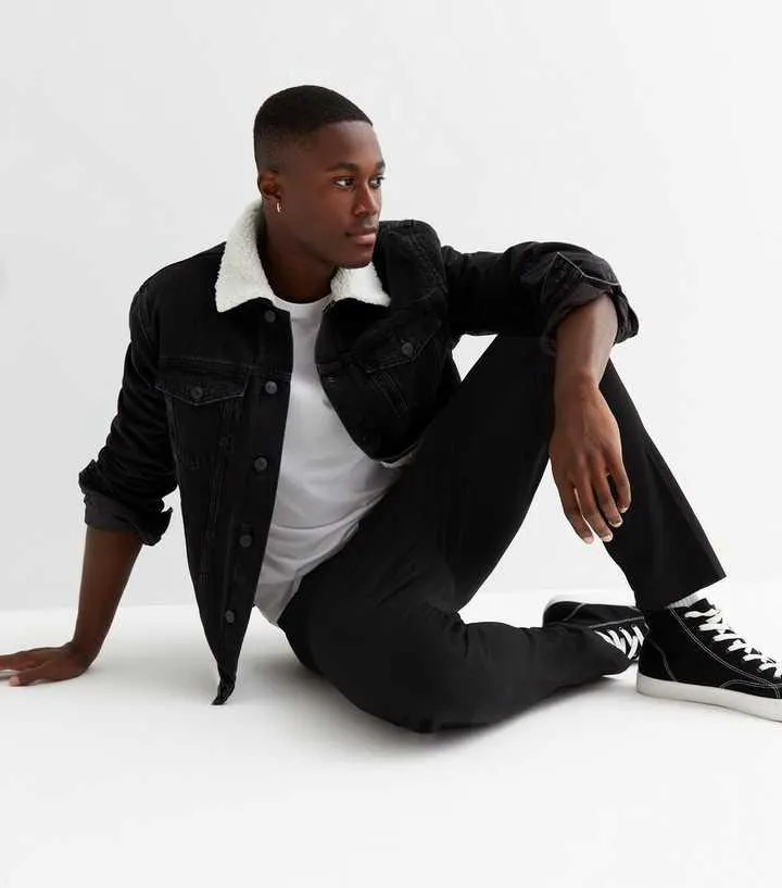 Black Denim Borg Collared Jacket