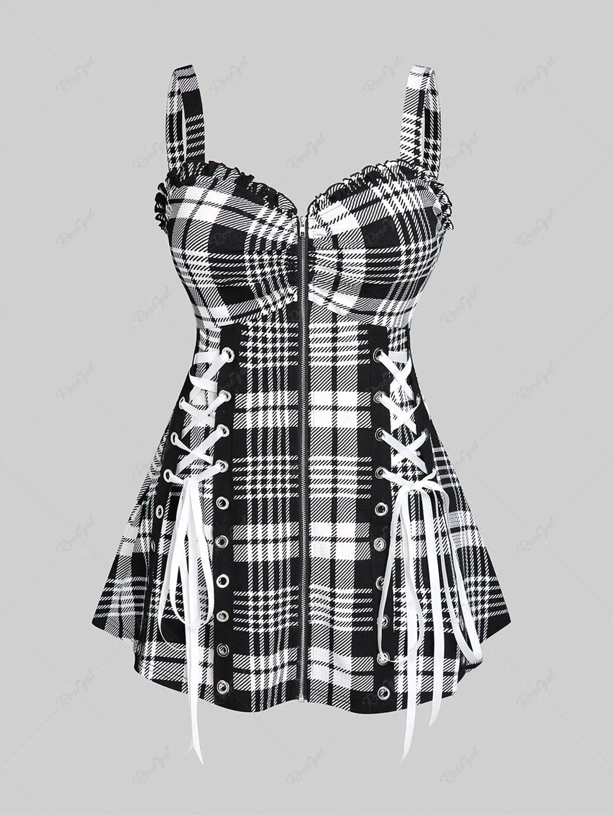 Plus Size & Curve Lace Up Full Zipper Plaid Tank Top - 5x | Us 30-32