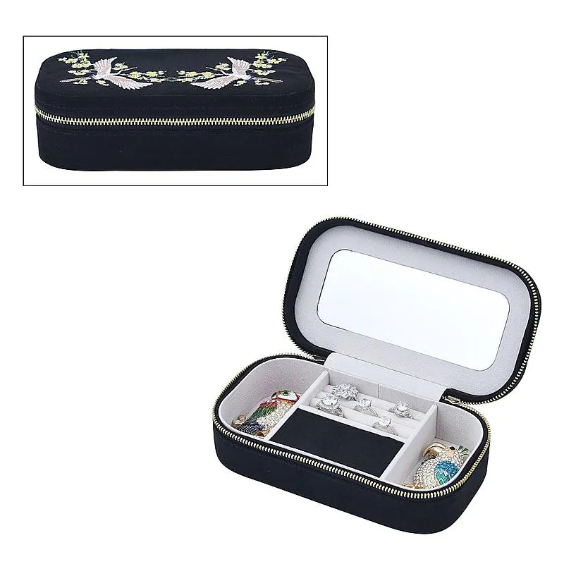 Rectangle Embroidered Jewellery Box with Zip (Size 18x10x5 cm) - Black