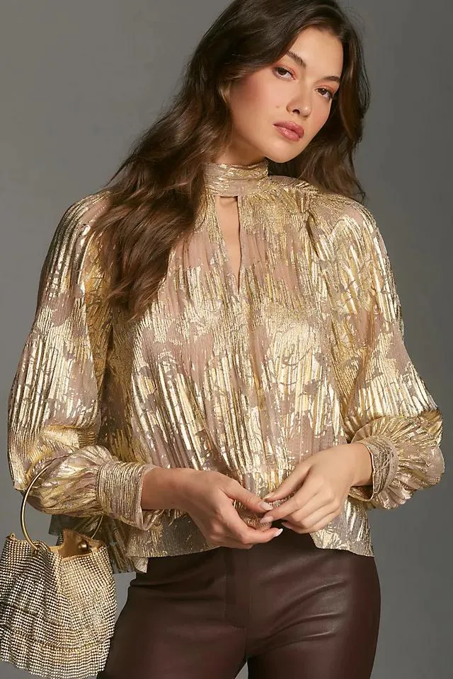 Maeve Metallic Plisse High-Neck Blouse