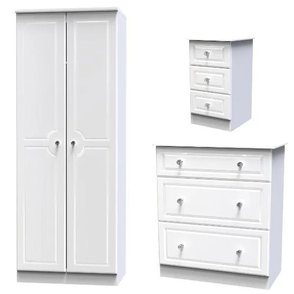 Lisbon Ready Assembled 3 Piece Bedroom Furniture Set - White Gloss & White
