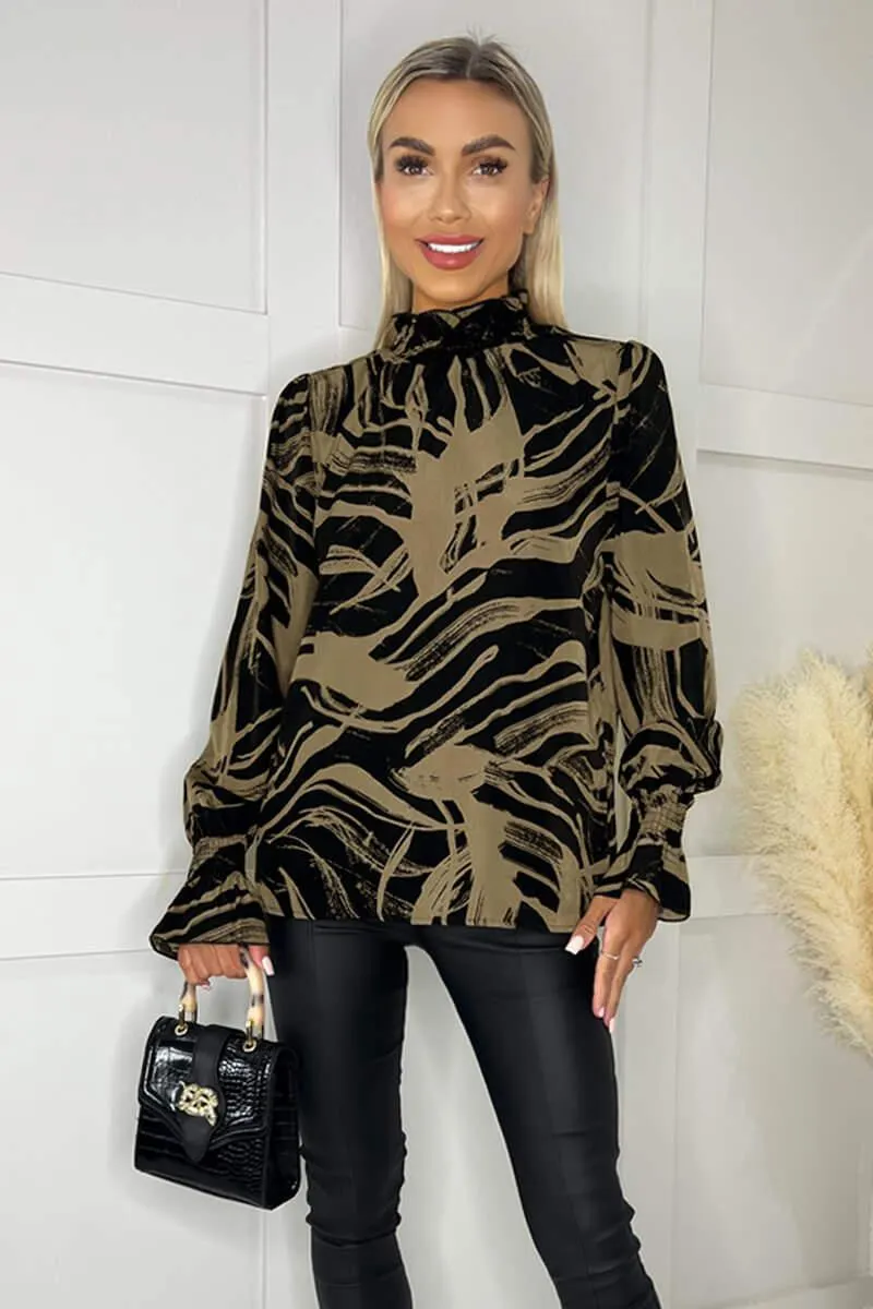 Black and Khaki Print Shirred Neck Top