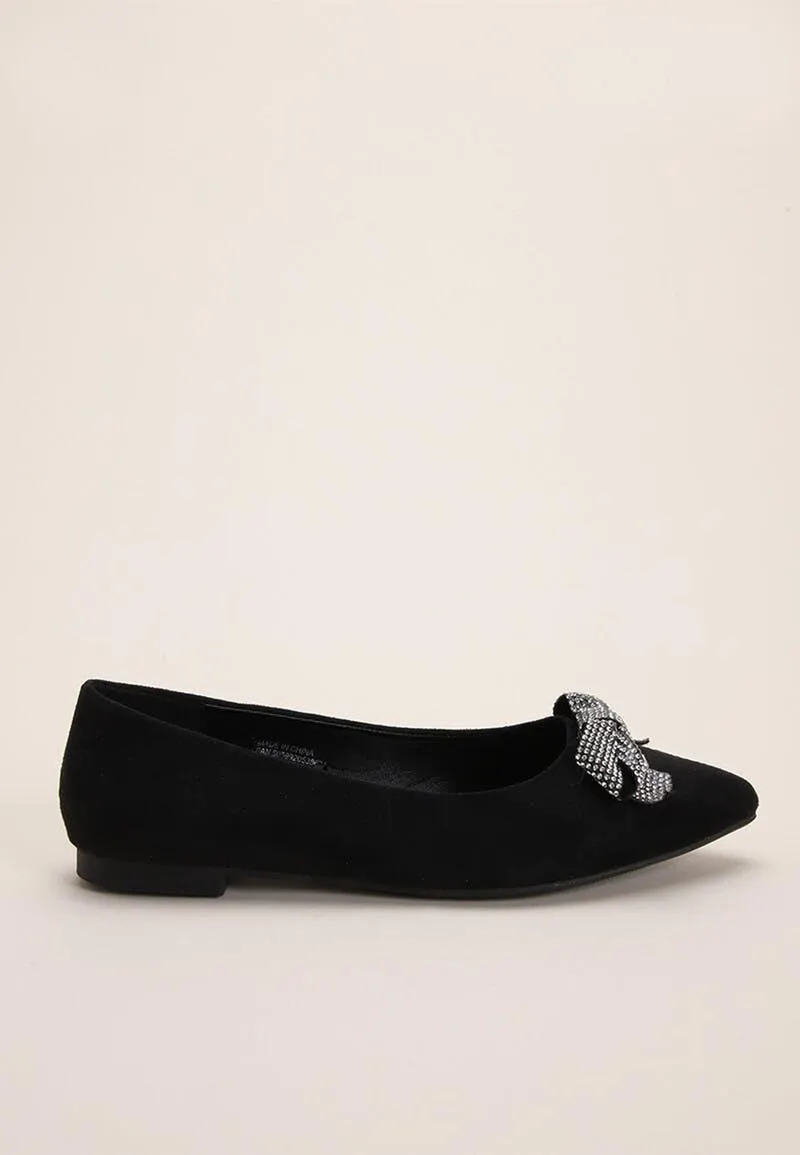 Womens Black Embellished Bow Ballet Pumps