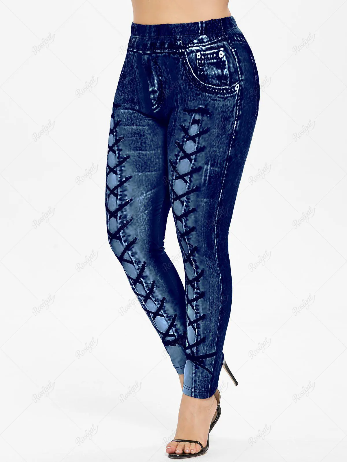 Plus Size High Waisted 3D Denim Printed Leggings - 3x | Us 22-24