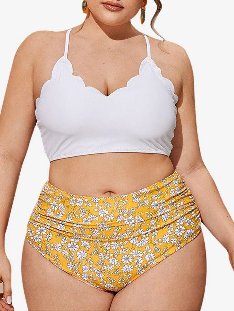 Plus Size Floral Ruched Scalloped Padded Longline Bikini Swimsuit - 3xl