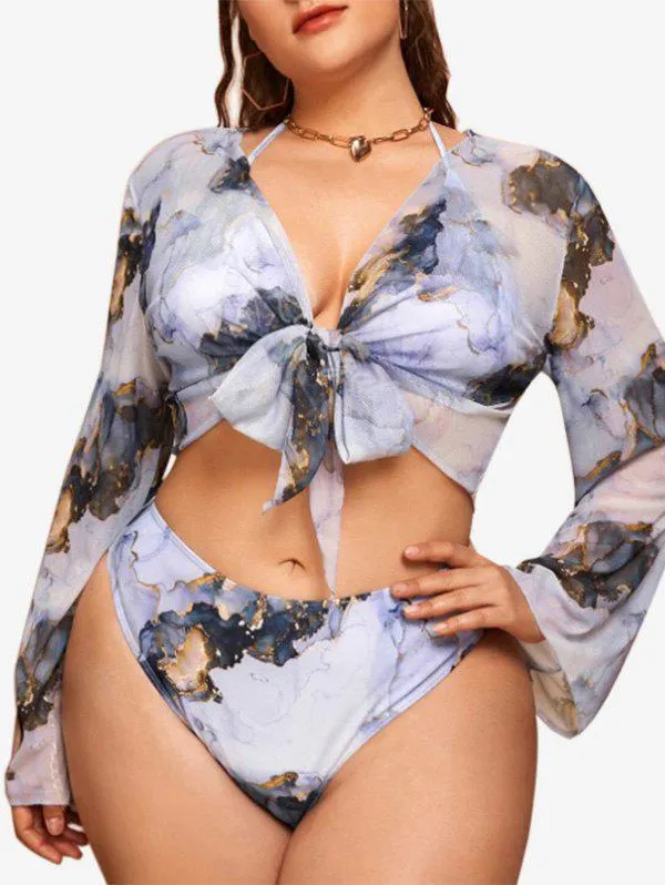 Plus Size Halter Padded Printed Bikini Swimsuit with Knot Cover Up Top - 3xl