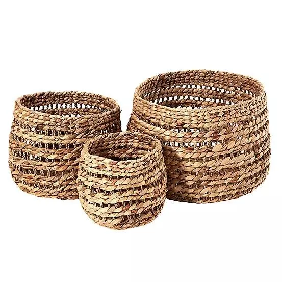 Woven Water Hyacinth Set of 3 Round Stripe Detail Baskets